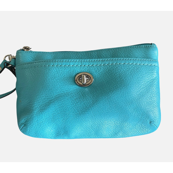 COACH Women's Small Teal Pebble Leather Silver Turnlock Top Zip Wristlet Classic - Picture 3 of 12